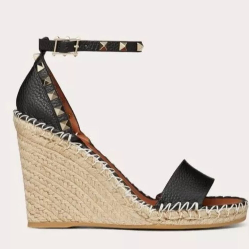 VALENTINO GARAVANI ROCKSTUD Espadrille Black Wedge Sandals Heels 37 7